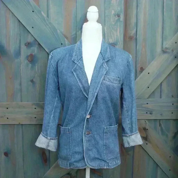 Upcycled Denim Jacket Woman Reading Book Back Patch Vintage Jean Blazer Small - Picture 4 of 9